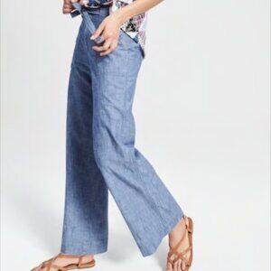 Christen Siriano blue linen Wide leg Belted Pants